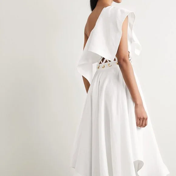 ALEXANDER MCQUEEN  One-shoulder eyelet-embellished ruffled linen-poplin dress - Picture 2 of 4